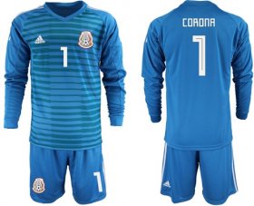 Wholesale Cheap Mexico #1 Corona Blue Long Sleeves Goalkeeper Soccer Country Jersey