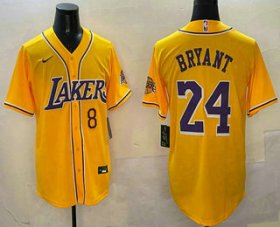 Men\'s Los Angeles Lakers #8 24 Kobe Bryant Yellow Purple With Patch Cool Base Stitched Baseball Jersey Cheap