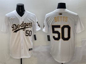 Cheap Men\'s Los Angeles Dodgers #50 Mookie Betts White Gold Limited Stitched Baseball Jersey