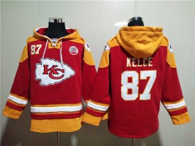 Wholesale Men\'s Kansas City Chiefs #87 Travis Kelce Red Lace-Up Pullover Hoodie