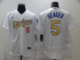 Wholesale Cheap Men\'s Los Angeles Dodgers #5 Corey Seager 2020 White Gold Sttiched Nike MLB Jersey