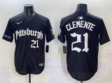 Cheap Men's Pittsburgh Pirates #21 Roberto Clemente Black 'Gothic Steel City Edition' Vapor Limited Stitched Baseball Jersey