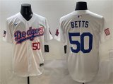 Cheap Men's Los Angeles Dodgers #50 Mookie Betts White With American Flag Patch Limited Stitched Baseball Jersey