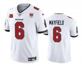 Men\'s Tampa Bay Buccaneers #6 Baker Mayfield White 2025 50th Anniversary Patch And 4-Star C Patch Vapor Untouchable Limited Football Stitched Jersey