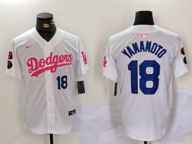 Cheap Men\'s Los Angeles Dodgers #18 Yoshinobu Yamamoto White Pink Vin & Kobe Patch Stitched Baseball Jerseys