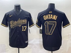 Cheap Men\'s Los Angeles Dodgers #17 Shohei Ohtani Black Gold Limited Stitched Jersey