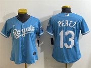 Cheap Women's Kansas City Royals #13 Salvador Perez Light Blue Cool Base Stitched Jersey(Run Small)
