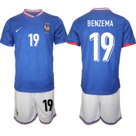 Cheap Men\'s France #19 Karim Benzema Blue 2024-25 Home Soccer Jersey Suit