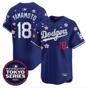 Cheap Men\'s Los Angeles Dodgers #18 Yoshinobu Yamamoto Royal 2025 Tokyo Series Limited Stitched Baseball Jersey