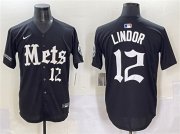 Cheap Men's New York Mets #12 Francisco Lindor Black 'Gotham Gothic Edition' Vapor Premier Limited Stitched Baseball Jersey