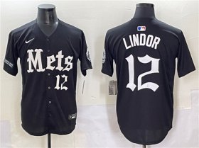 Cheap Men\'s New York Mets #12 Francisco Lindor Black \'Gotham Gothic Edition\' Vapor Premier Limited Stitched Baseball Jersey