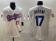 Cheap Men's Los Angeles Dodgers #17 Shohei Ohtani White With American Flag Patch Limited Stitched Baseball Jersey