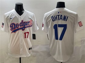 Cheap Men\'s Los Angeles Dodgers #17 Shohei Ohtani White With American Flag Patch Limited Stitched Baseball Jersey