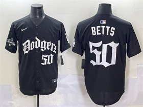 Men\'s Los Angeles Dodgers #50 Mookie Betts Black 2025 LA Gothic Style With 2024 World Series Champions Patch Vapor Premier Limited Stitched Baseball Jersey