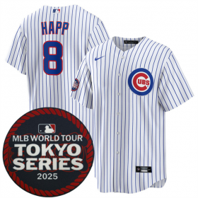 Cheap Men\'s Chicago Cubs #8 Ian Happ White 2025 World Tour Tokyo Series Home Stitched Baseball Jersey