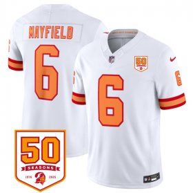 Cheap Men\'s Tampa Bay Buccaneers #6 Baker Mayfield White 2025 F.U.S.E. 50th Anniversary Patch Vapor Untouchable Limited Football Stitched Jersey