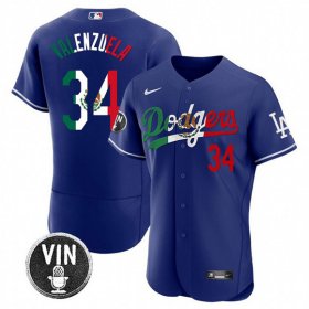 Cheap Men\'s Los Angeles Dodgers #34 Fernando Valenzuela Royal Mexico Special Vin Scully Patch Flex Base Stitched Baseball Jersey