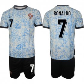 Cheap Men\'s Portugal Team #7 Ronaldo 2024-25 White Blue Away Soccer Jersey Suit