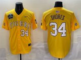 Cheap Men's LSU Tigers #34 Chase Shores Gold 2025 World Series & SEC Patch Stitched Baseball Jersey