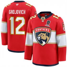 Men\'s Florida Panthers #12 Jonah Gadjovich Red Home 2025 Stanley Cup Champions Patch Stitched Jersey