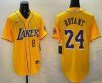 Men's Los Angeles Lakers #8 24 Kobe Bryant Yellow Purple With Patch Cool Base Stitched Baseball Jersey Cheap