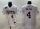 Cheap Men's LSU Tigers #4 Steven Milam White Pinstripe 2025 World Series & SEC Patch Stitched Baseball Jersey