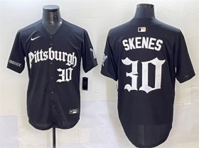 Cheap Men\'s Pittsburgh Pirates #30 Paul Skenes Black \'Gothic Steel City Edition\' Vapor Limited Stitched Baseball Jersey
