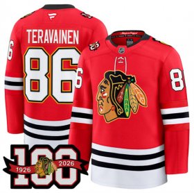 Cheap Men\'s Chicago Blackhawks #86 Teuvo Teravainen Red 2025 Home 100th Anniversary Stitched Hockey Jersey