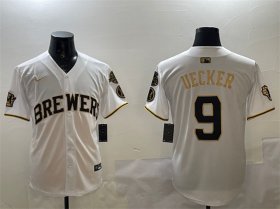 Cheap Men\'s Milwaukee Brewers #9 Bob Uecker White Gold With Home Patch Limited Stitched Baseball Jersey