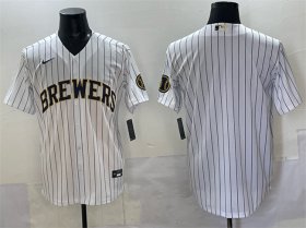 Men\'s Milwaukee Brewers Blank White Pinstripe 2025 With Patch Stitched Baseball Jersey Cheap Wholesale