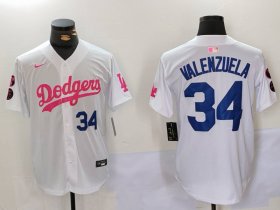 Cheap Men\'s Los Angeles Dodgers #34 Fernando Valenzuela White Pink Vin & Kobe Patch Stitched Baseball Jerseys