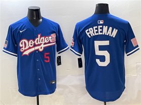 Cheap Men\'s Los Angeles Dodgers #5 Freddie Freeman Royal With American Flag Patch Limited Stitched Baseball Jersey