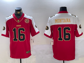 Men\'s San Francisco 49ers #16 Joe Montana Red Gold FUSE Gate Bridge Patch Vapor Limited Stitched Jersey