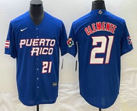 Cheap Men\'s Puerto Rico Baseball #21 Roberto Clemente Number 2023 Blue World Classic Stitched Jerseys