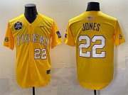 Cheap Men's LSU Tigers #22 Jared Jones Gold 2025 World Series & SEC Patch Stitched Baseball Jersey