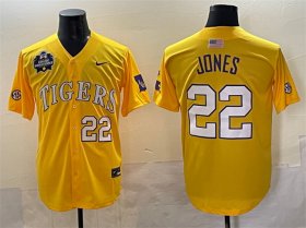 Cheap Men\'s LSU Tigers #22 Jared Jones Gold 2025 World Series & SEC Patch Stitched Baseball Jersey