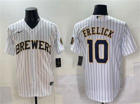 Men\'s Milwaukee Brewers #10 Sal Frelick White Pinstripe 2025 With Patch Stitched Baseball Jersey