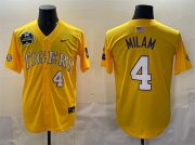 Cheap Men's LSU Tigers #4 Steven Milam Gold 2025 World Series & SEC Patch Stitched Baseball Jersey