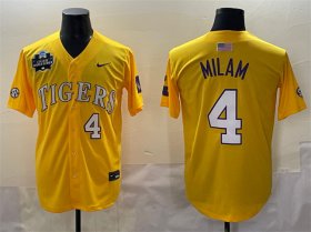 Cheap Men\'s LSU Tigers #4 Steven Milam Gold 2025 World Series & SEC Patch Stitched Baseball Jersey