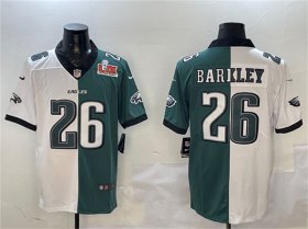 Cheap Men\'s Philadelphia Eagles #26 Saquon Barkley White & Green Split 2025 Super Bowl LIX Patch Vapor Untouchable Limited Football Stitched Jersey