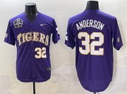Cheap Men's LSU Tigers #32 Kade Anderson Purple 2025 World Series & SEC Patch Stitched Baseball Jersey