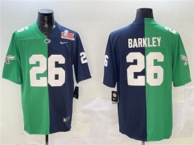 Cheap Men\'s Philadelphia Eagles #26 Saquon Barkley Green & Navy Split 2025 Super Bowl LIX Patch Vapor Untouchable Limited Football Stitched Jersey