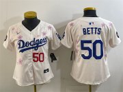 Cheap Women's Los Angeles Dodgers #50 Mookie Betts Cream 2025 Tokyo Series Limited Stitched Baseball Jersey(Run Small)