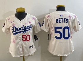 Cheap Women\'s Los Angeles Dodgers #50 Mookie Betts Cream 2025 Tokyo Series Limited Stitched Baseball Jersey(Run Small)