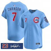 Men's Chicago Cubs #7 Dansby Swanson Blue 'Ryne Sandberg Tribute' Vapor Limited V3 Stitched Baseball Jersey Cheap Wholesale