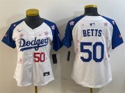 Cheap Women's Los Angeles Dodgers #50 Mookie Betts White Royal 2025 Tokyo Series Limited Stitched Baseball Jersey(Run Small)
