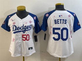 Cheap Women\'s Los Angeles Dodgers #50 Mookie Betts White Royal 2025 Tokyo Series Limited Stitched Baseball Jersey(Run Small)
