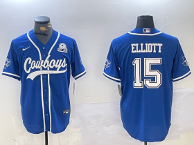 Men\'s Dallas Cowboys #15 Ezekiel Elliott Light Blue With 1960 Patch Cool Base Stitched Baseball Jersey