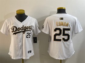 Cheap Women\'s Los Angeles Dodgers #25 Tommy Edman White Gold Home Limited Stitched Baseball Jersey(Run Small)