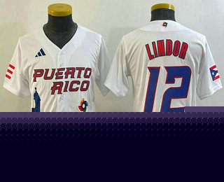 Cheap Youth Puerto Rico Baseball #12 Francisco Lindor 2023 White World Baseball Classic Stitched Jersey